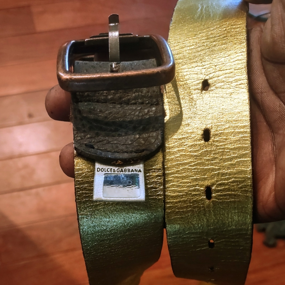 Unisex (L) DOLCE GABBANA unusual vintage belt. Brown x Gold buffalo hide.